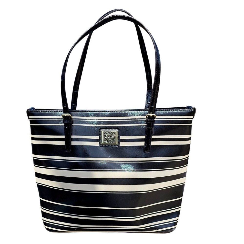 Anne Klein Tote Bag Womens Large Black White Striped Patent Lion Logo
